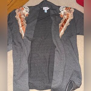 Gray Cardigan with Floral Embroidery
